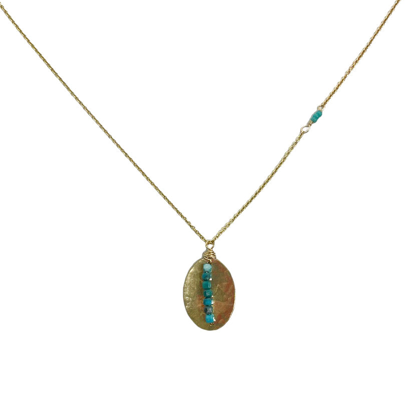 gold-filled necklace with Turquoise lined disc and seed bead accents