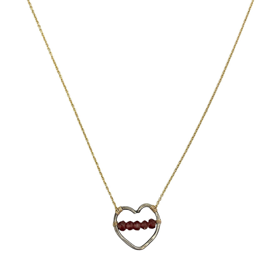gold-filled and sterling silver necklace with hammered heart and Garnet
