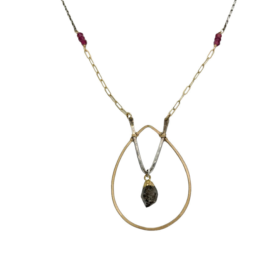 gold-filled and sterling silver necklace with Herkimer Diamond and Rhodolite Garnet