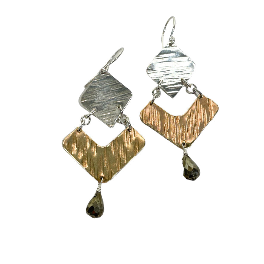 gold-filled and sterling silver geometric earring with Pyrite tear