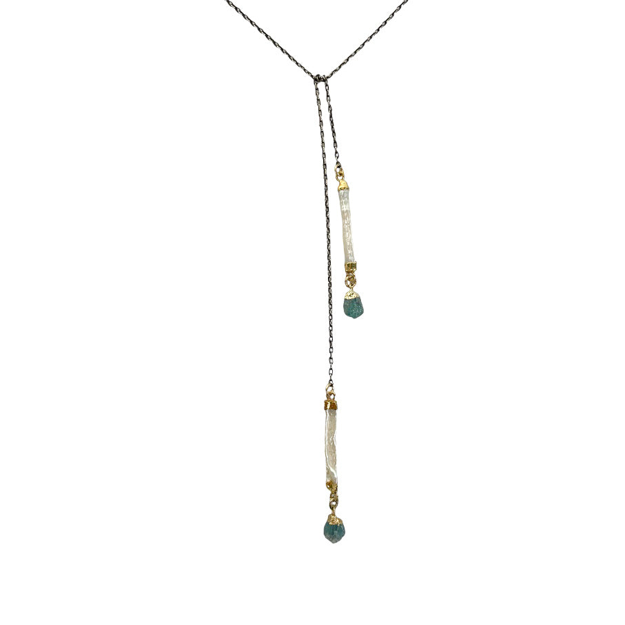 ss/vermeil lariatte with rough Apatite and stick pearl