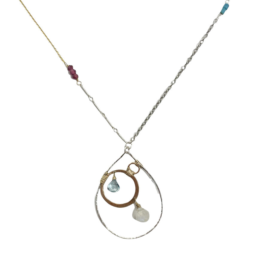 BLUE TOPAZ, GARNET, MOONSTONE & TURQUOISE SEED BEAD STERLING SILVER & GOLD FILLED NECKLACE