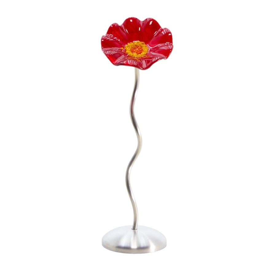LARGE SINGLE SILVER STEM GLASS FLOWER - RED