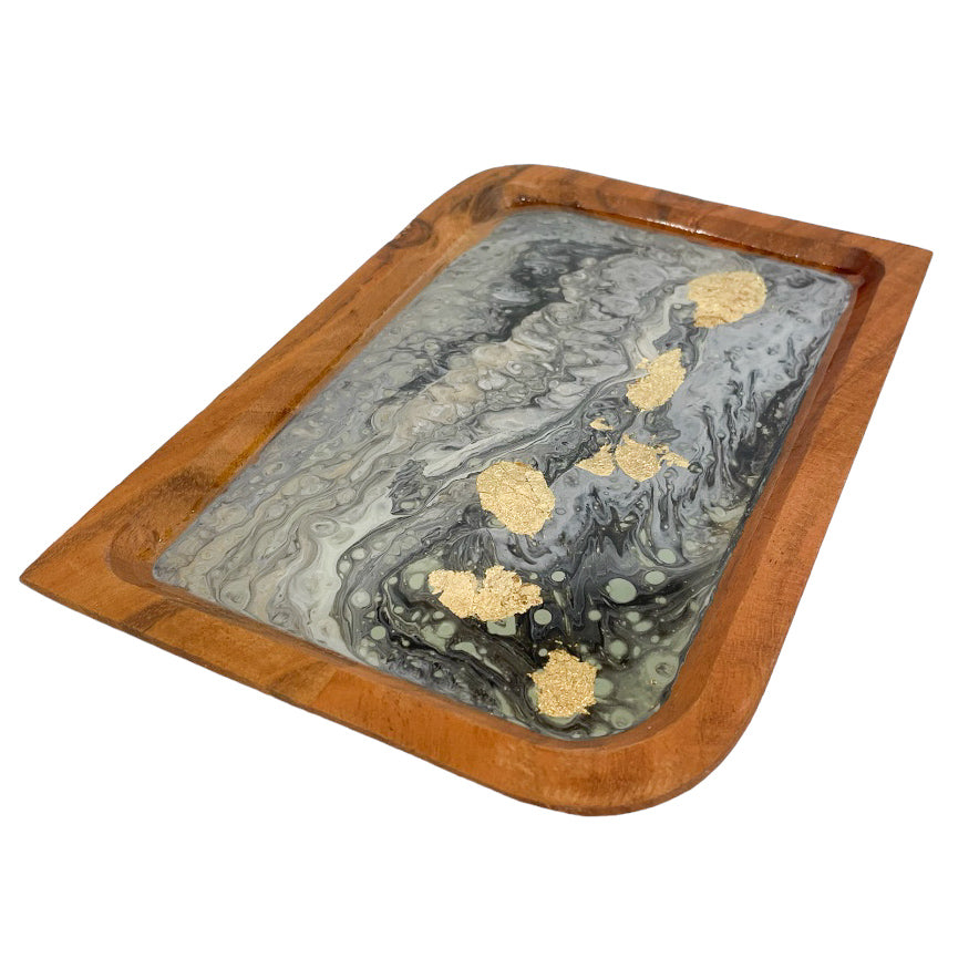 JEWELRY WOOD TRAY GRAY, GREEN, LIGHT BLUE WITH GOLD