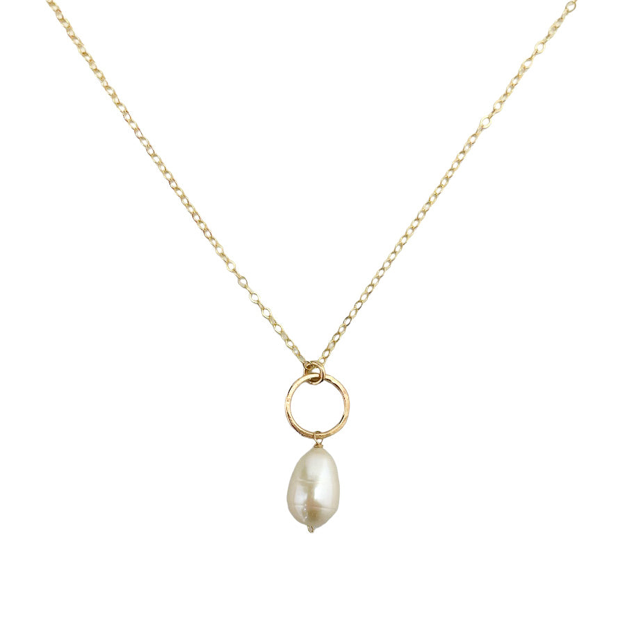 gold-filled necklace with tiny circle and pearl drop
