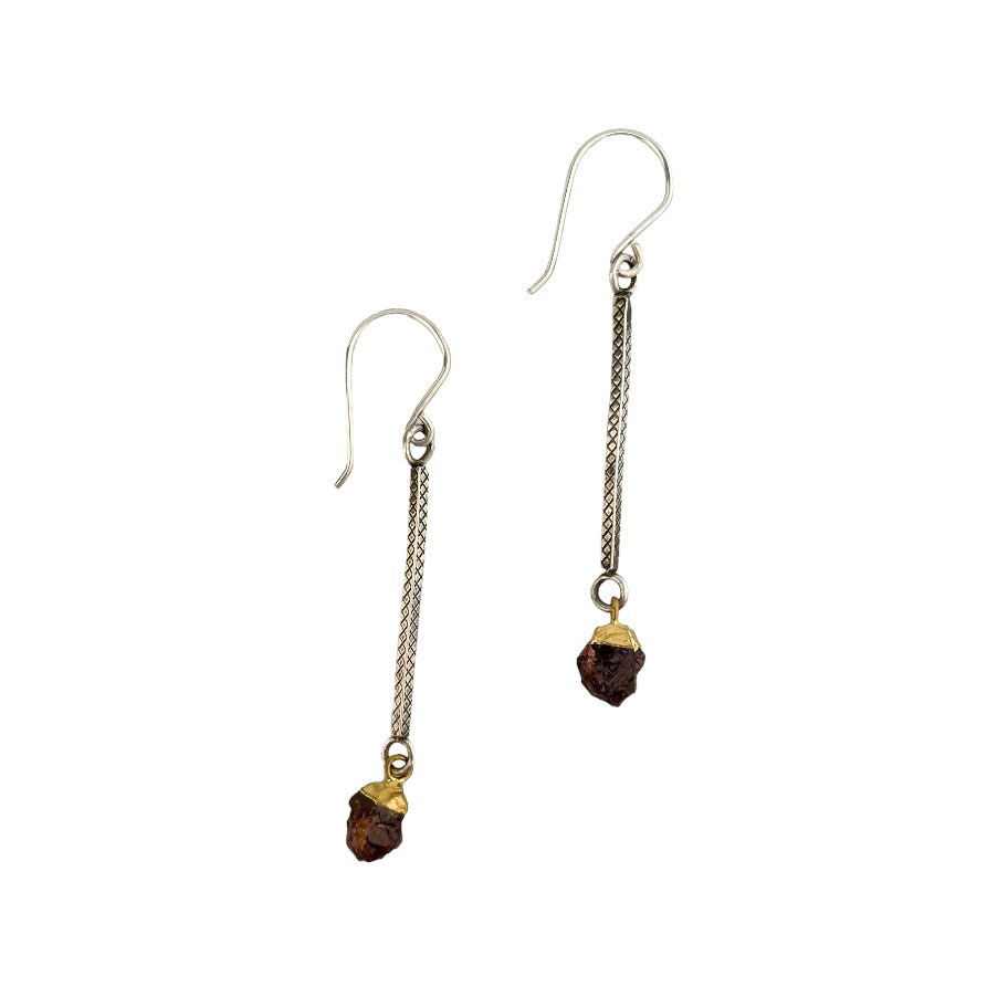 sterling silver textured bar earring with rough Garnet