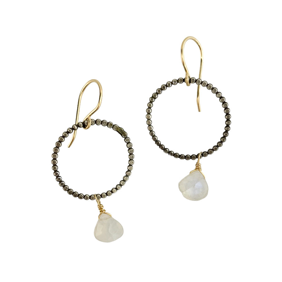 MOONSTONE CIRCLE DANGLE STERLING SILVER AND GOLD FILLED EARRING