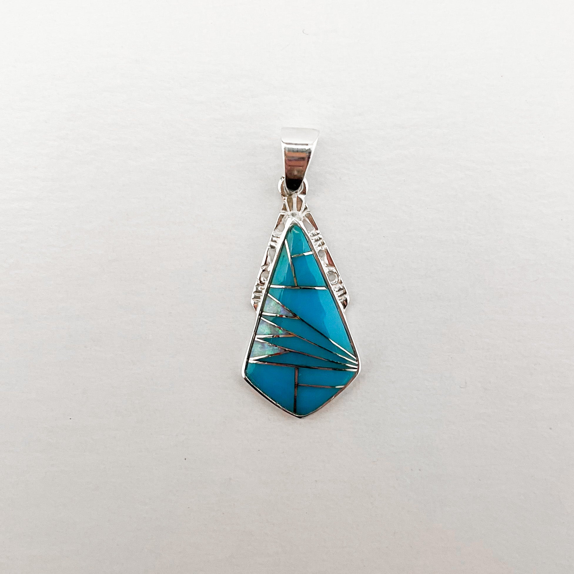 STERLING SILVER TURQUOISE INLAY ETCHED DIAMOND PENDANT