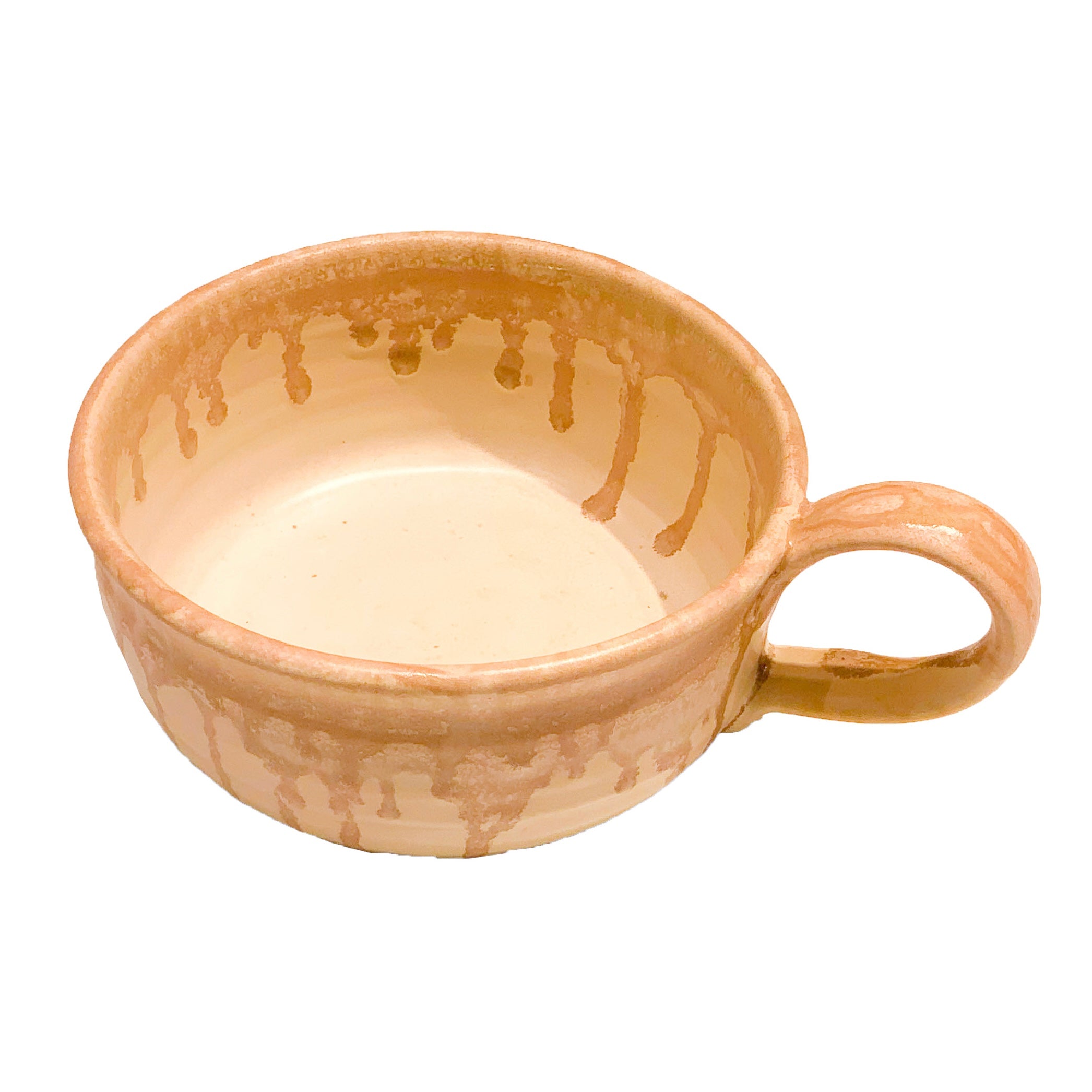SOUP BOWL WITH HANDLE - PALE YELLOW WITH CREAM DRIP
