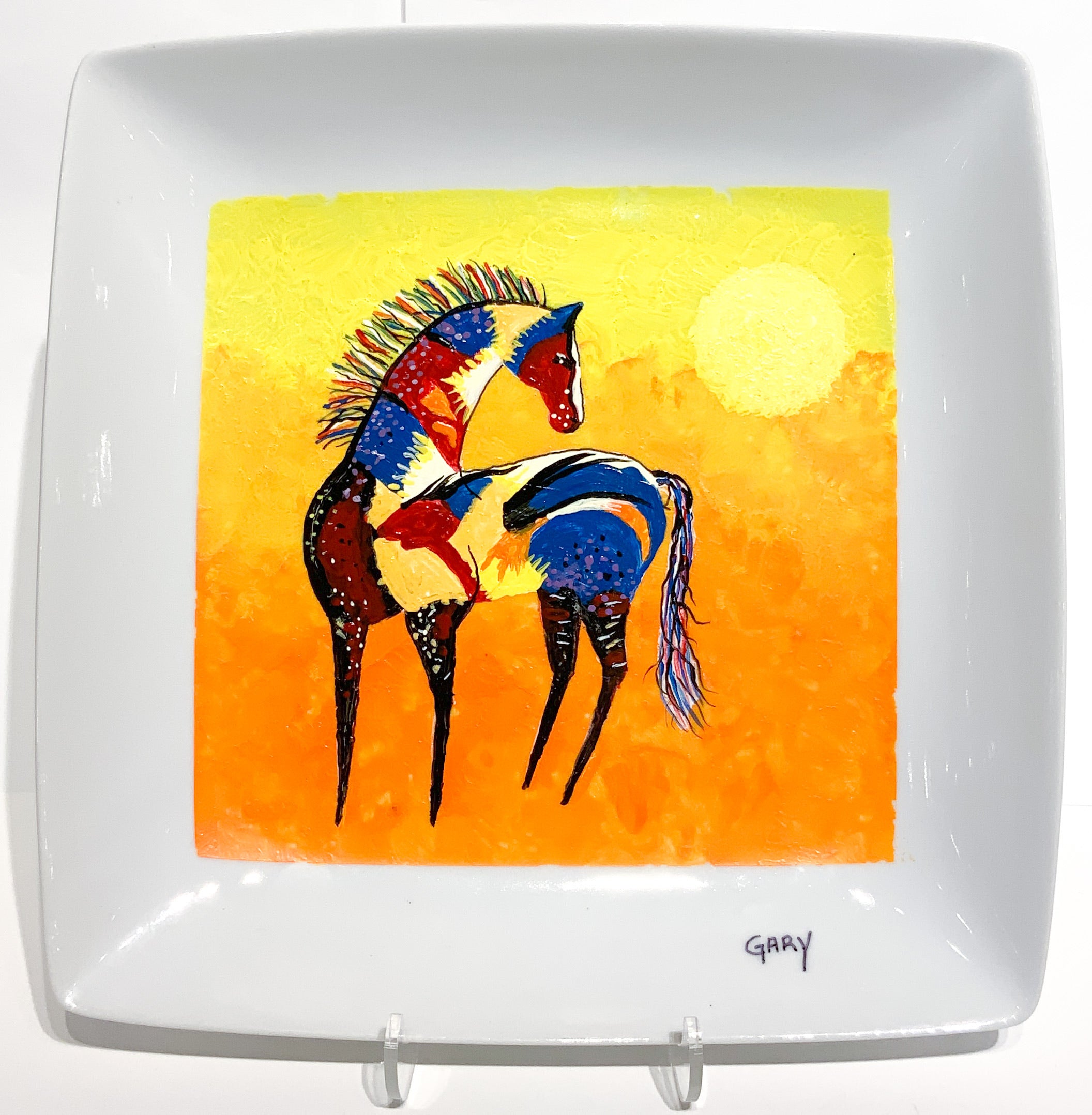 Painted Square Plate Horse with Orange and Yellow Sunset