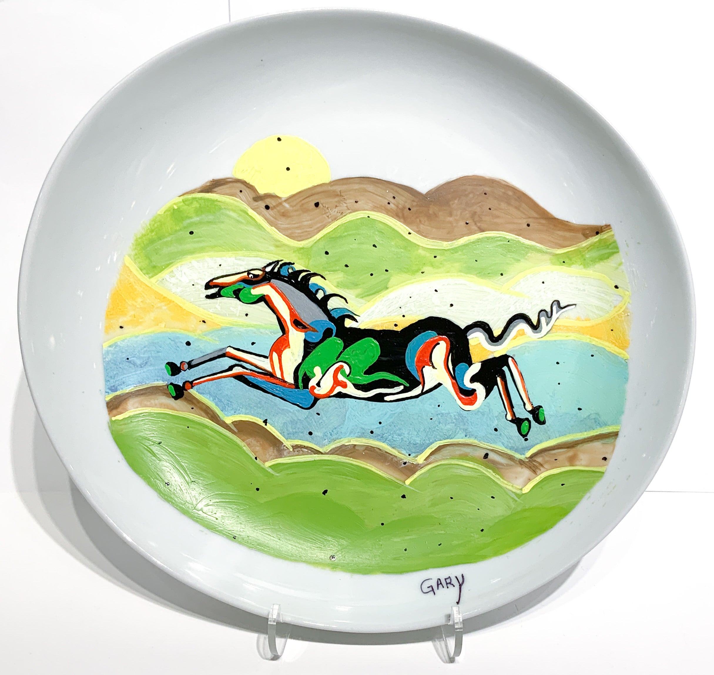 Painted Circle Plate Horse Running in the Hills