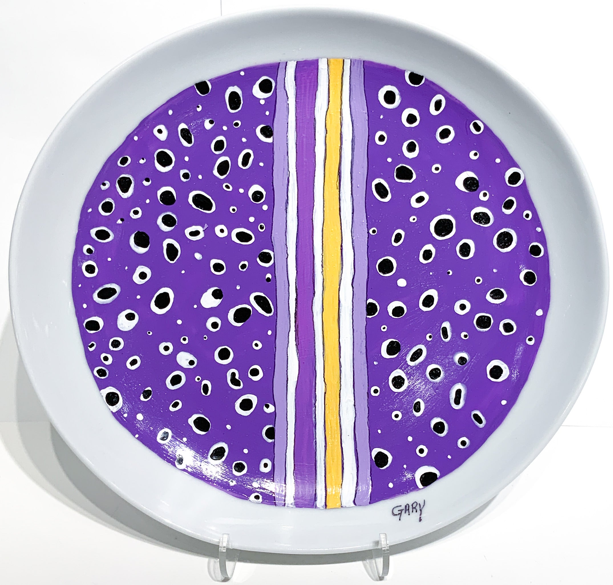 Painted Circle Plate Purple with Dots and Stripes