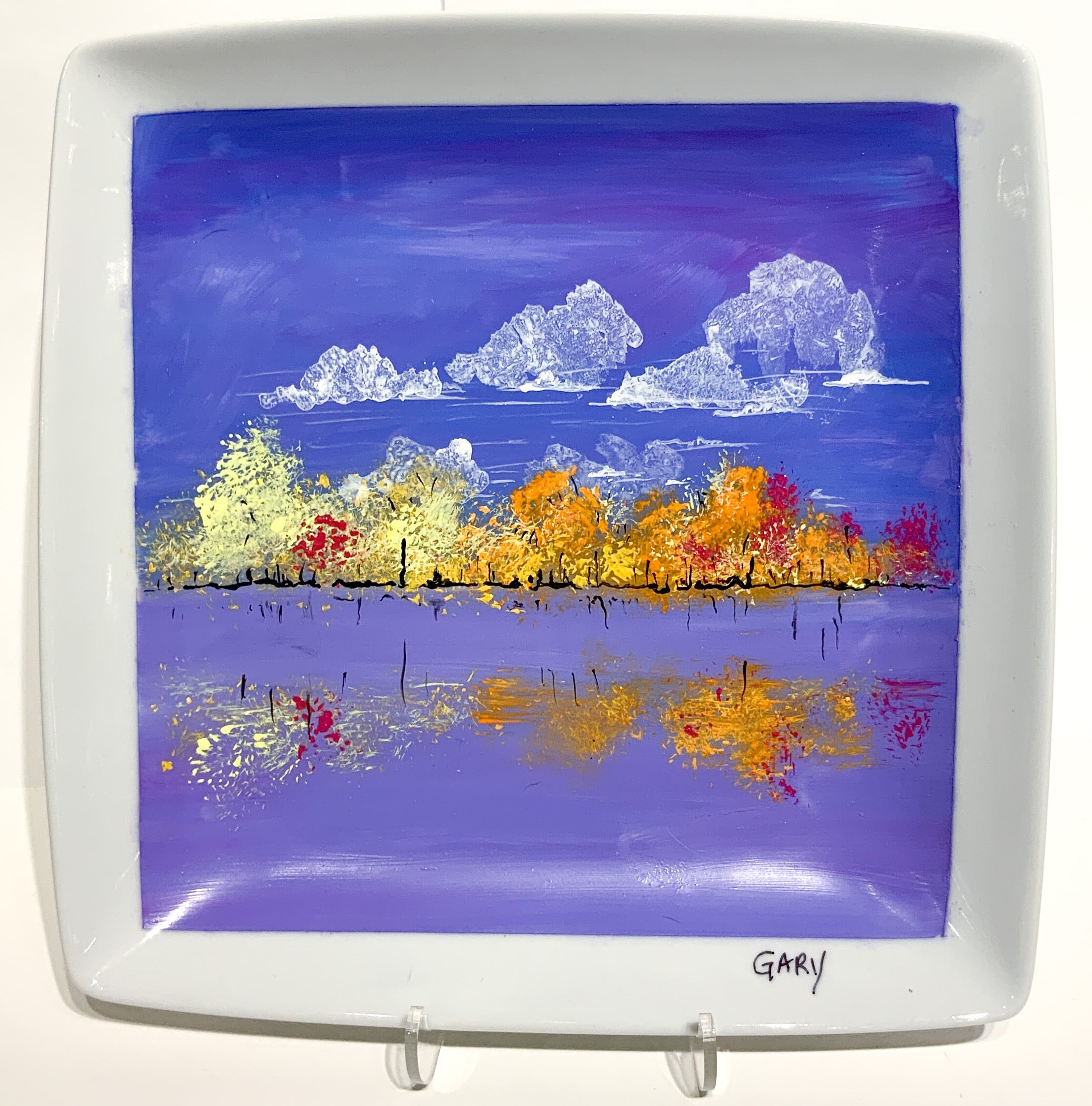 Painted Square Plate Orange and Yellow Trees with Purple Background