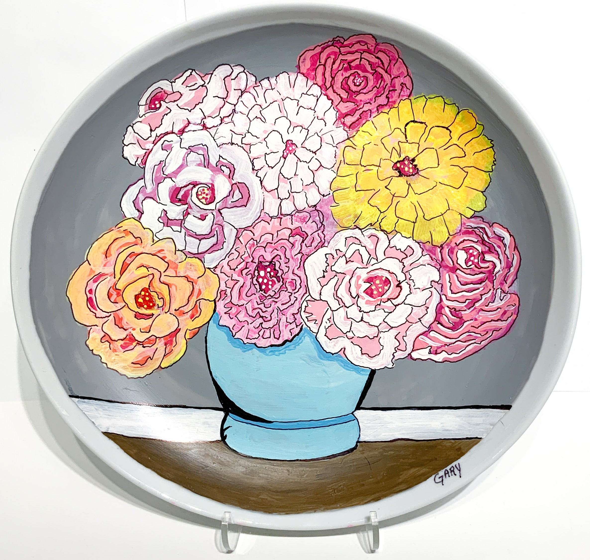 Painted Circle Plate Vase of Flowers